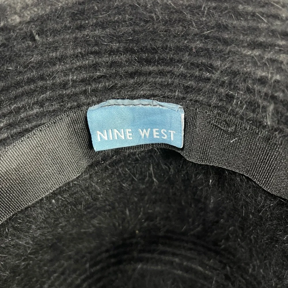 Vintage Nine West Angora Blend Cloche Bucket Hat Womens Black Fuzzy Bow Y2K
